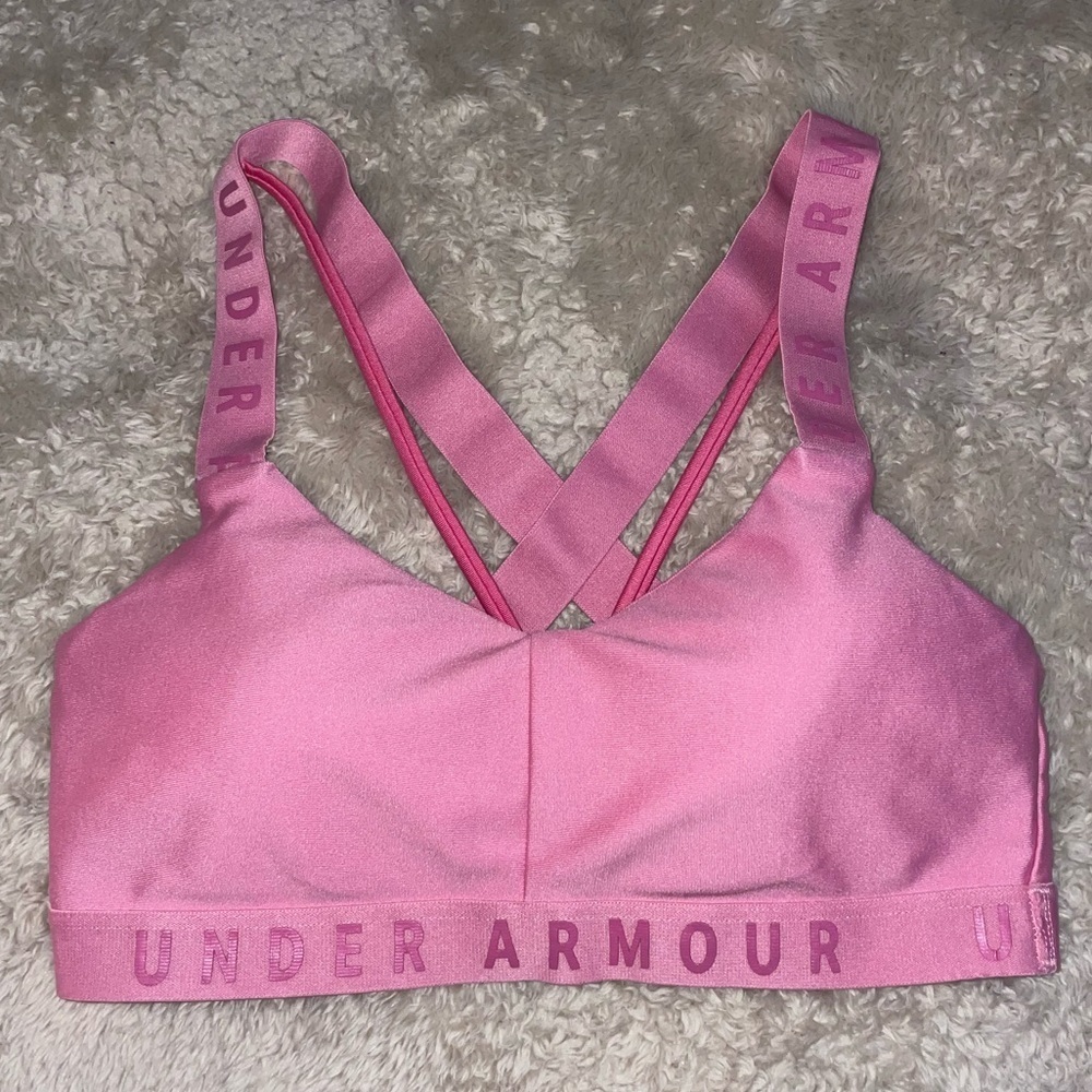 Under Armour Wordmark Strappy Sportlette Women Training Bra Pink, size Small.